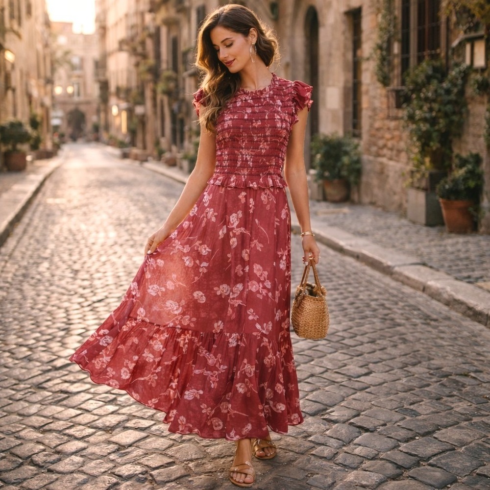 Sea New York Monet Floral Smocked Maxi Dress 8 Romantic Prairie Cottagecore